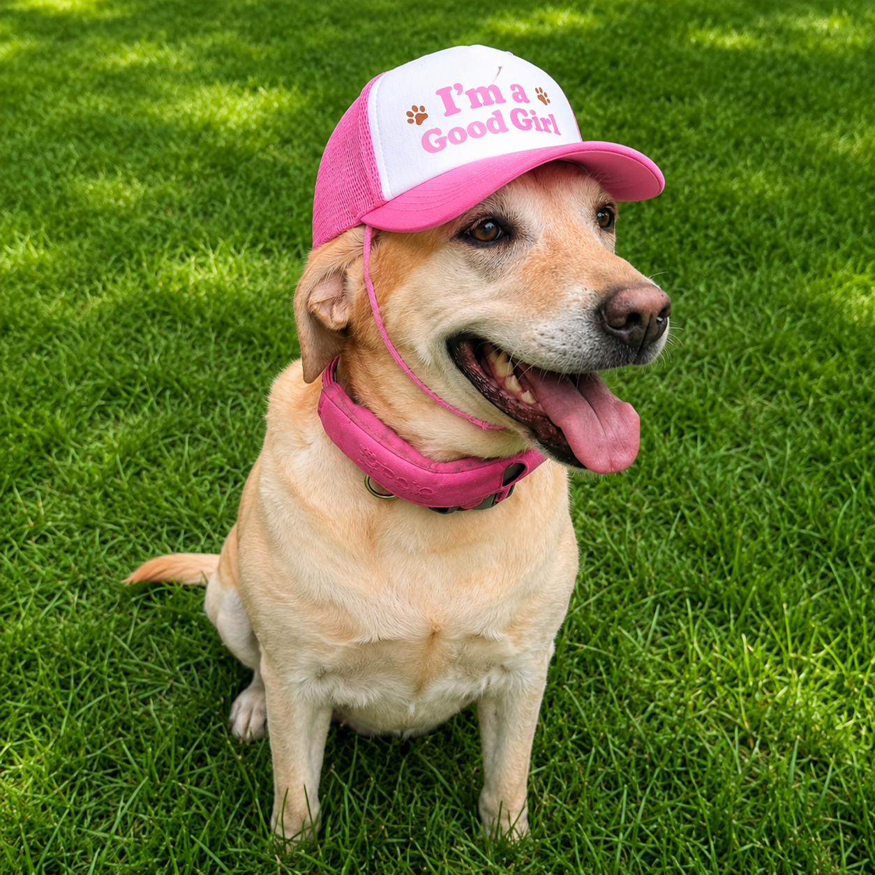 I’m a Good Girl Trucker Hat — Pink Dog Paw Foam Cap
