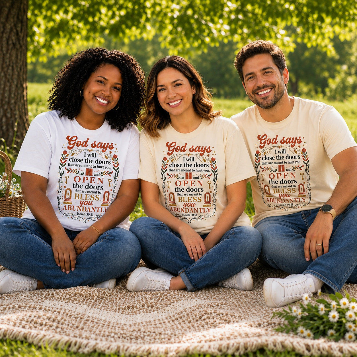 Inspirational T-Shirt — “God says I will close the doors…” Scripture Faith Tee