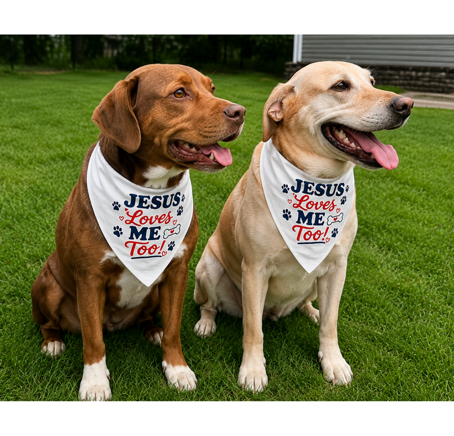 Jesus Loves Me Too! Pet Bandana — Christian Paw Print Dog & Cat Accessory