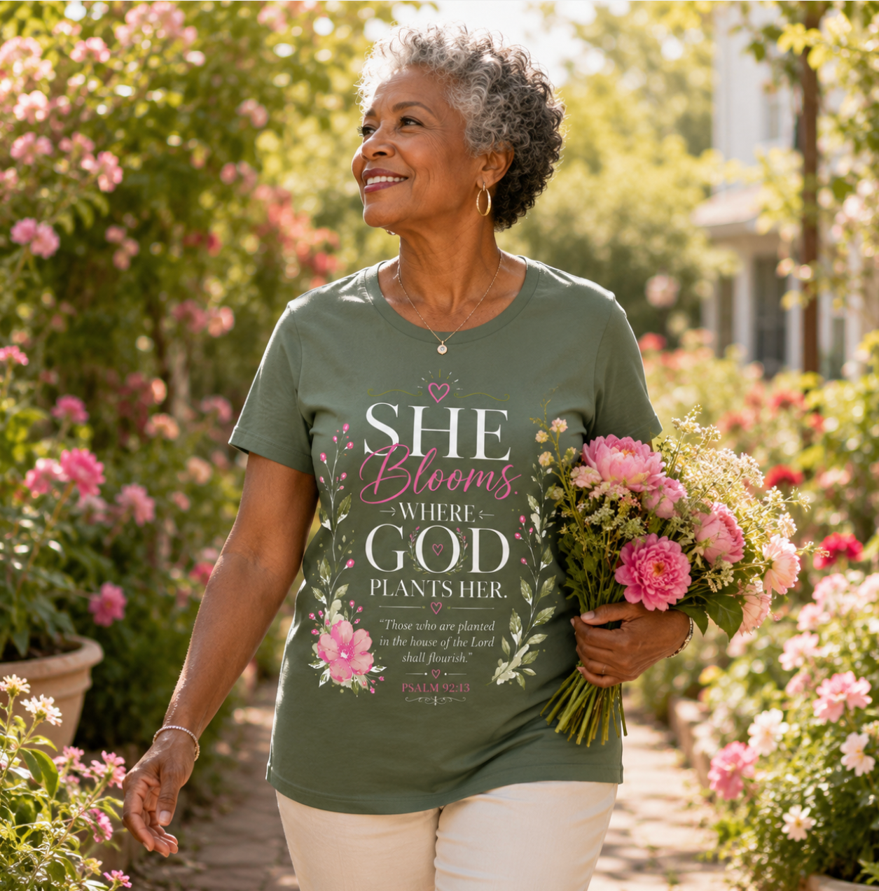 She Blooms Dark Green Relaxed Tee / BEAR FRUIT