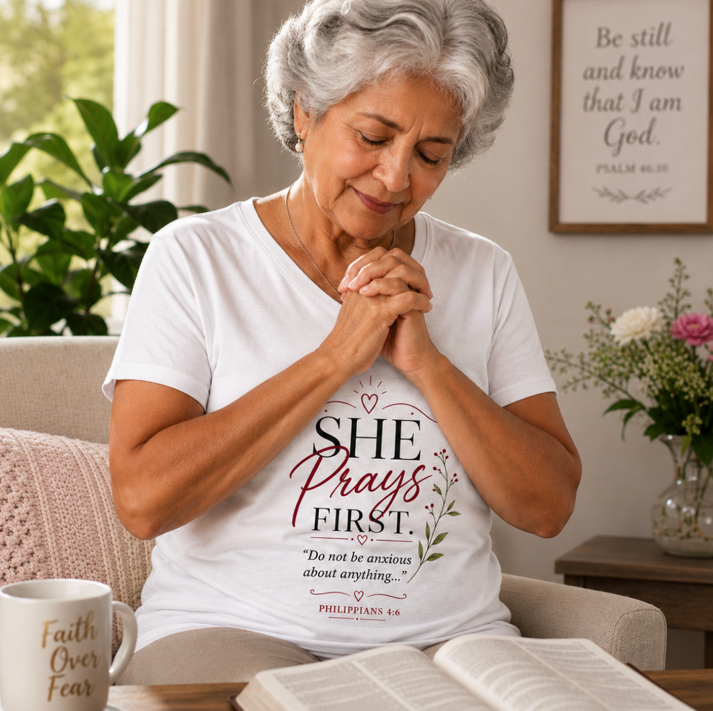 She Prays First- V Neck White / BEAR FRUIT