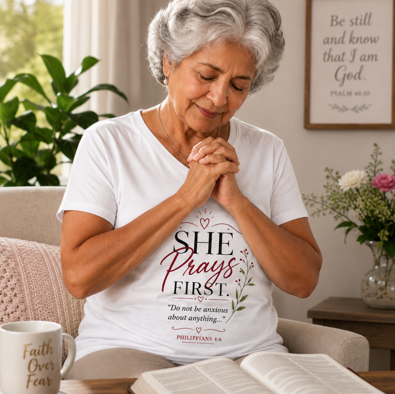 She Prays First- V Neck White / BEAR FRUIT
